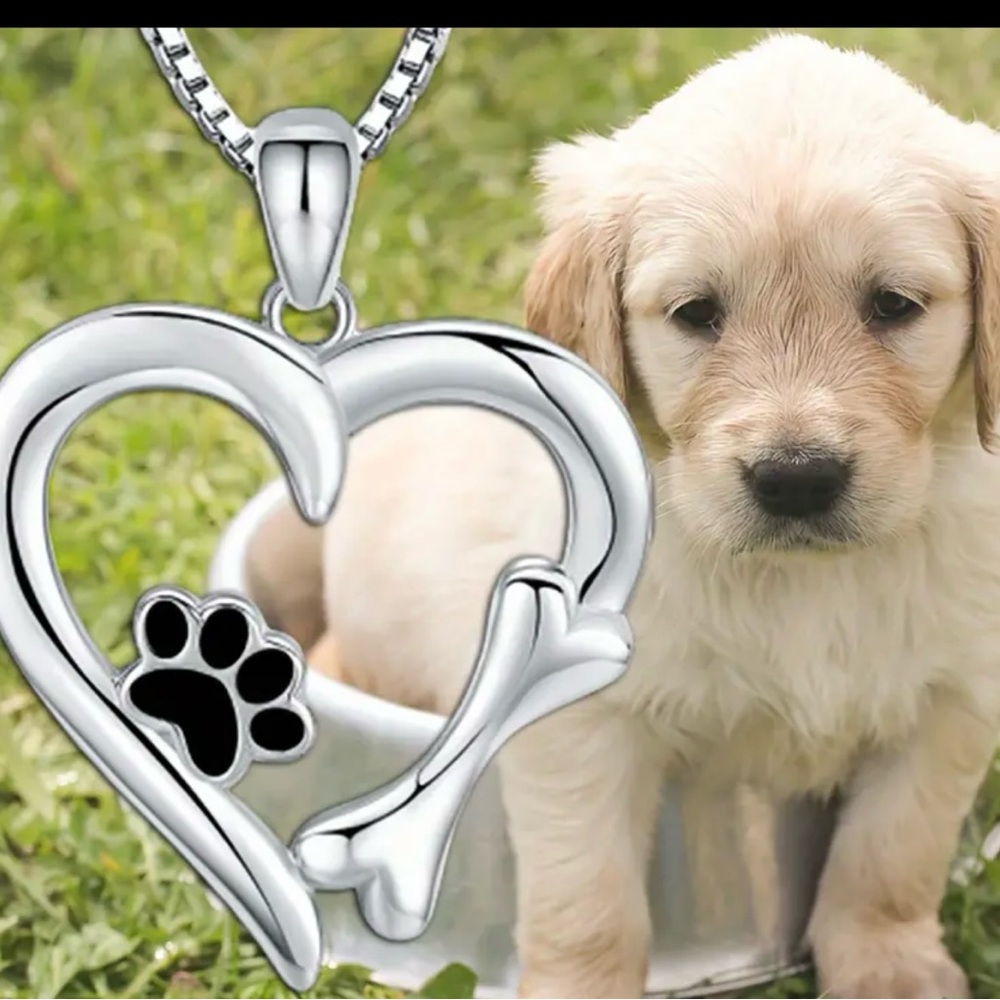 Black Puppy Paw & Small Bone Heart Pendant Necklace (new)